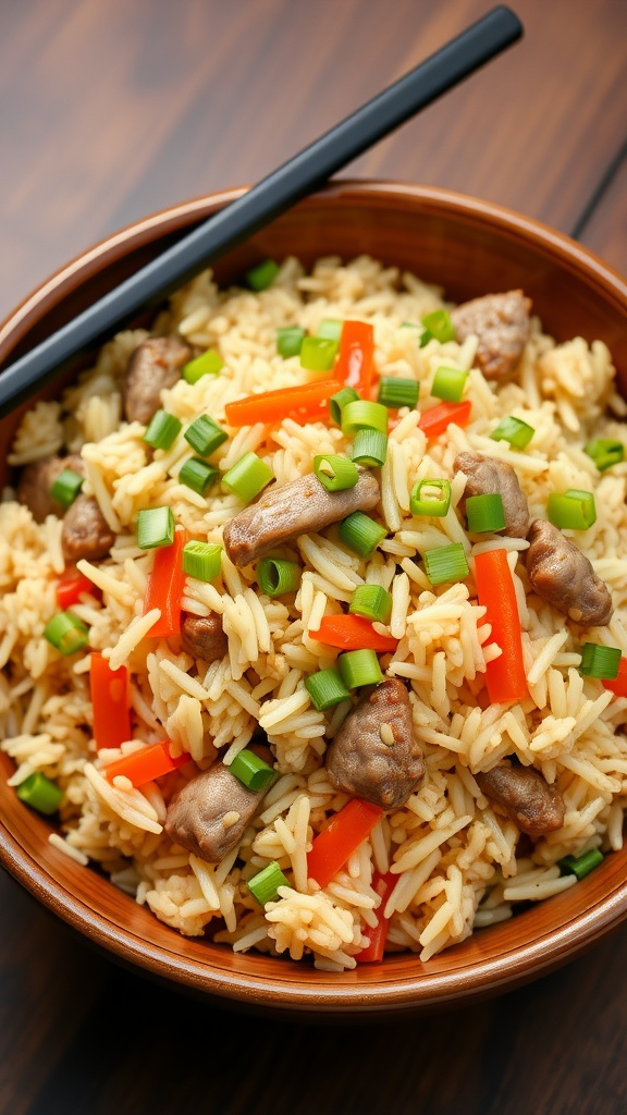 A bowl of pork fried rice with vegetables and green onions, served with chopsticks on a wooden table.